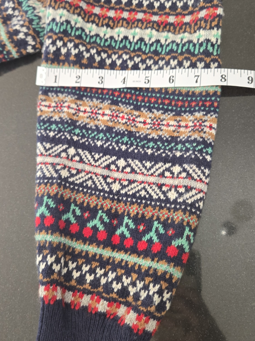 J. Crew Puff Sleeve Fair Isle Sweater Navy Colorful Cherries Wool Blend Large - Picture 10 of 10